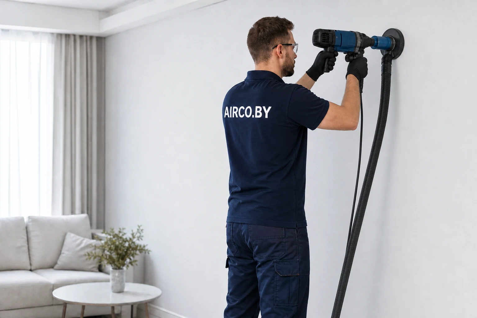 Мастер AirCozy сверлит высокое отверстие для трассы с профессиональным пылеудалением