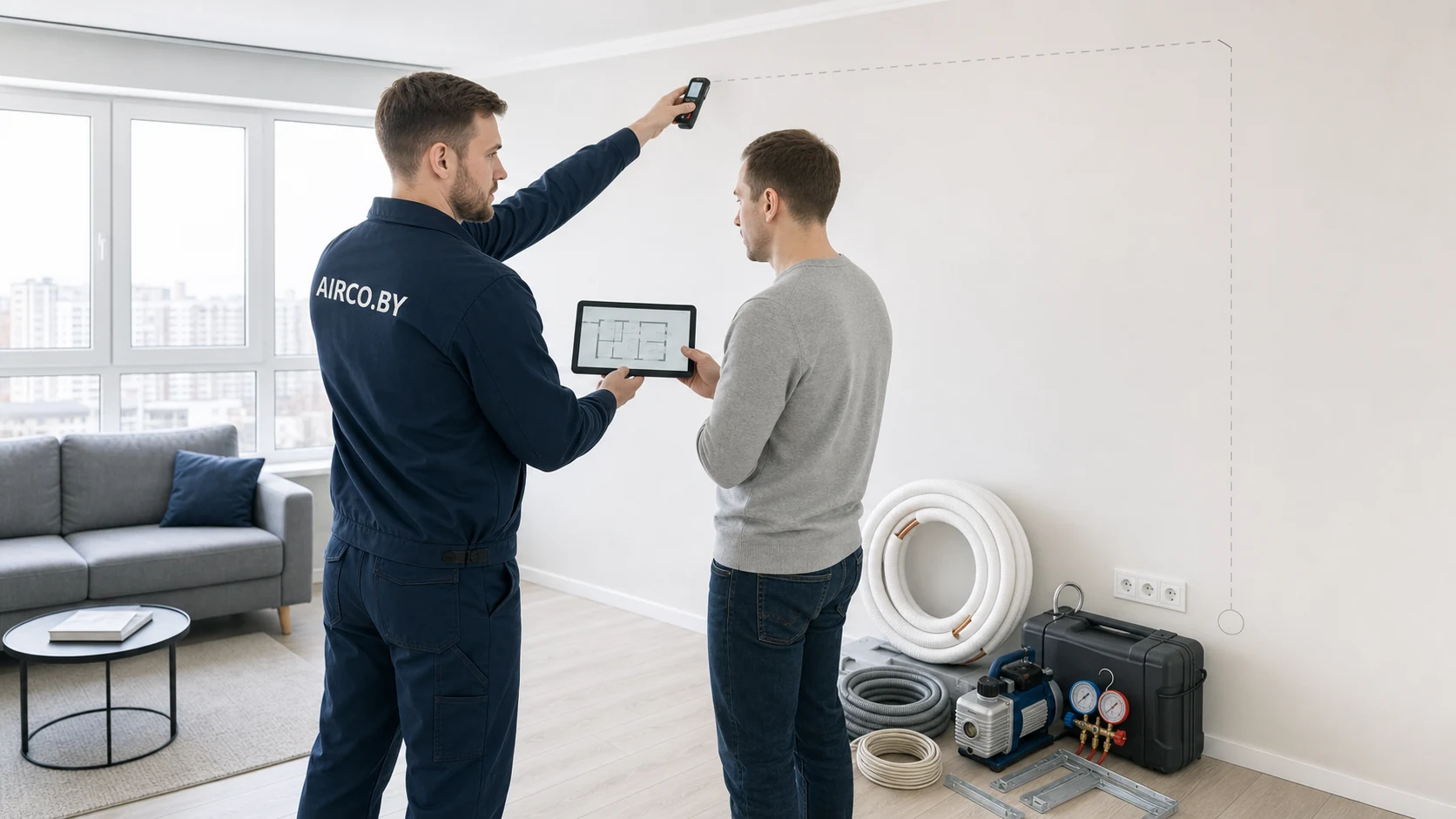 Специалист AirCozy согласует с заказчиком трассу и состав монтажных работ