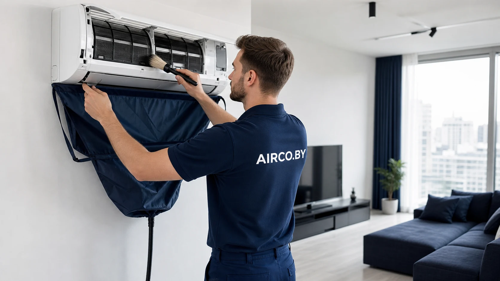 Специалист AirCozy обслуживает внутренний блок кондиционера